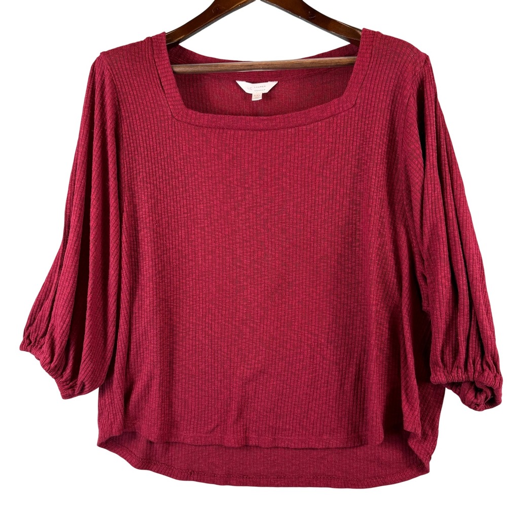 LC Lauren Conrad Burgundy Ribbed Square Neck Top XXL Balloon Sleeve High Low